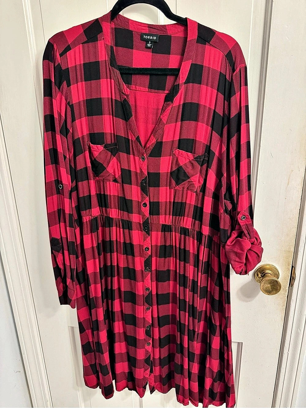 Torrid Maroon/Red Black Plaid Button Front Shirt Dress Size 3
